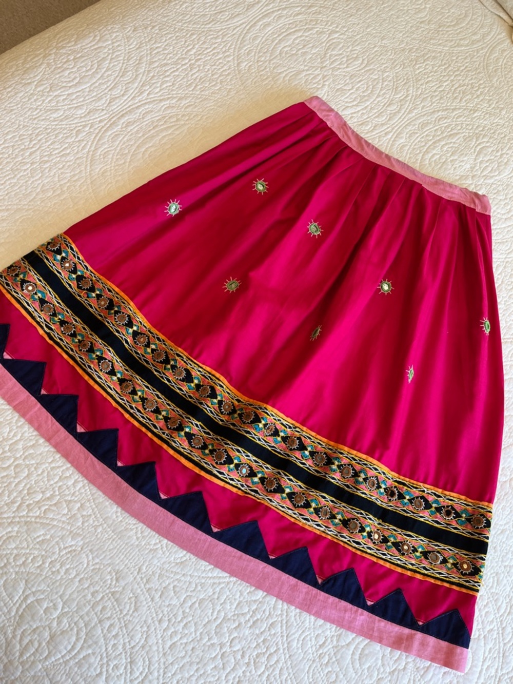 Embroidered Traditional Mirror Circle Skirt Pink Multi Women's  Boho Festival